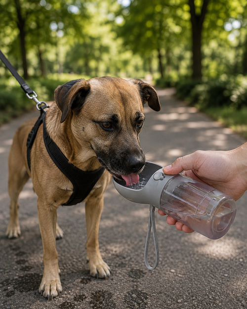 Gourde Portable 3-en-1 pour Chien – Eau, Croquettes & Sacs de Déjection